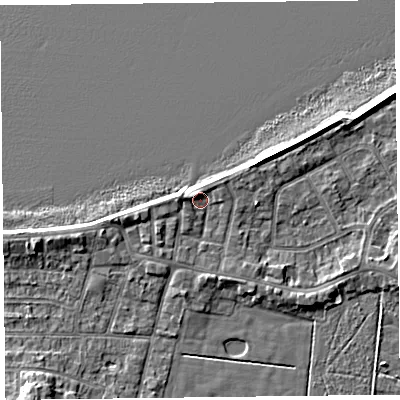 Shaded relief map of the ground around FY60AN, computed from Environment Agency LiDAR. The ground here sits at about 6 m above sea level and falls 5 m across the surrounding 800 m. Surface water reaching this point runs off ground lying to the west, 1.9 m higher.