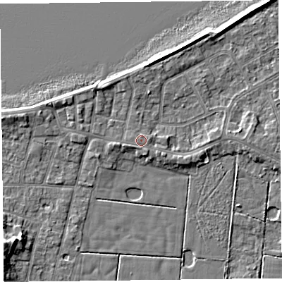 Shaded relief map of the ground around FY60AR, computed from Environment Agency LiDAR. The ground here sits at about 6 m above sea level and falls 6 m across the surrounding 800 m. Surface water reaching this point runs off ground lying to the north, 0.5 m higher.