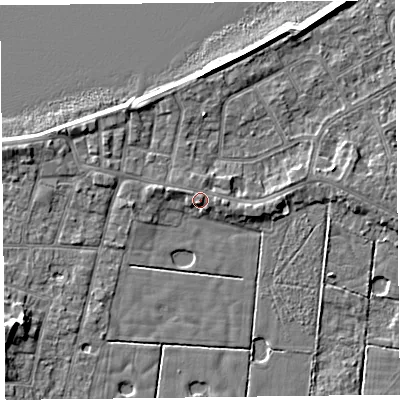 Shaded relief map of the ground around FY60AS, computed from Environment Agency LiDAR. The ground here sits at about 7 m above sea level and falls 6 m across the surrounding 800 m. Surface water reaching this point runs off ground lying to the south, 1.6 m higher.