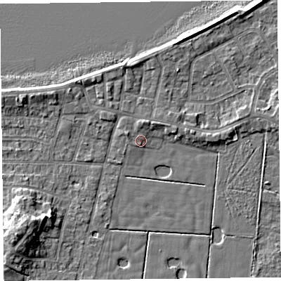 Shaded relief map of the ground around FY60AT, computed from Environment Agency LiDAR. The ground here sits at about 6 m above sea level and falls 7 m across the surrounding 800 m. Surface water reaching this point runs off ground lying to the north, 1.0 m higher.