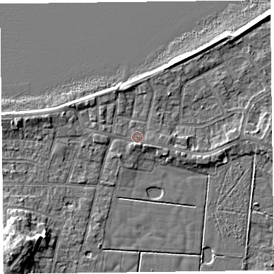 Shaded relief map of the ground around FY60AU, computed from Environment Agency LiDAR. The ground here sits at about 6 m above sea level and falls 7 m across the surrounding 800 m. The ground contributing surface water to this point lies to the north-north-west.
