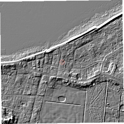 Shaded relief map of the ground around FY60AW, computed from Environment Agency LiDAR. The ground here sits at about 6 m above sea level and falls 6 m across the surrounding 800 m. Surface water reaching this point runs off ground lying to the west-north-west, 2.0 m higher.
