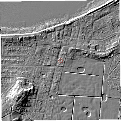 Shaded relief map of the ground around FY60AX, computed from Environment Agency LiDAR. The ground here sits at about 5 m above sea level and falls 8 m across the surrounding 800 m. Surface water reaching this point runs off ground lying to the north-east, 2.0 m higher.