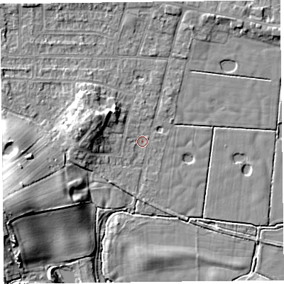 Shaded relief map of the ground around FY60AY, computed from Environment Agency LiDAR. The ground here sits at about 5 m above sea level and falls 11 m across the surrounding 800 m. Surface water reaching this point runs off ground lying to the west-north-west, 5.2 m higher.