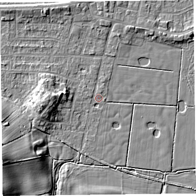 Shaded relief map of the ground around FY60AZ, computed from Environment Agency LiDAR. The ground here sits at about 5 m above sea level and falls 10 m across the surrounding 800 m. Surface water reaching this point runs off ground lying to the west-north-west, 0.5 m higher.