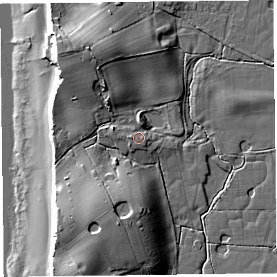 Shaded relief map of the ground around FY60BA, computed from Environment Agency LiDAR. The ground here sits at about 9 m above sea level and falls 20 m across the surrounding 800 m. Surface water reaching this point runs off ground lying to the west, 2.6 m higher.