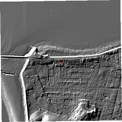 Shaded relief map of the ground around FY60BD, computed from Environment Agency LiDAR. The ground here sits at about 7 m above sea level and falls 14 m across the surrounding 800 m. Surface water reaching this point runs off ground lying to the west-north-west, 1.2 m higher.