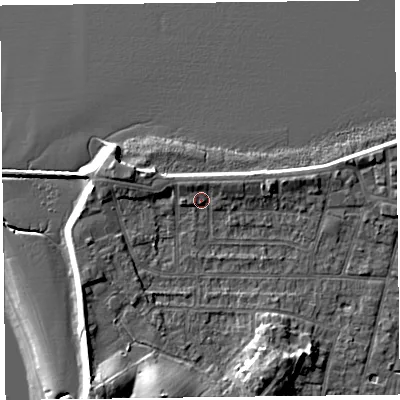 Shaded relief map of the ground around FY60BE, computed from Environment Agency LiDAR. The ground here sits at about 6 m above sea level and falls 15 m across the surrounding 800 m. Surface water reaching this point runs off ground lying to the north-east, 1.8 m higher.