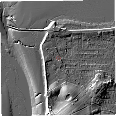 Shaded relief map of the ground around FY60BF, computed from Environment Agency LiDAR. The ground here sits at about 6 m above sea level and falls 18 m across the surrounding 800 m. Surface water reaching this point runs off ground lying to the north-west, 0.7 m higher.