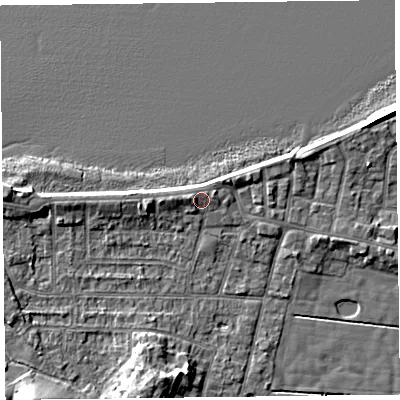 Shaded relief map of the ground around FY60BH, computed from Environment Agency LiDAR. The ground here sits at about 7 m above sea level and falls 7 m across the surrounding 800 m. Surface water reaching this point runs off ground lying to the west-north-west, 1.4 m higher.