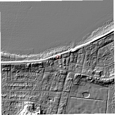 Shaded relief map of the ground around FY60BJ, computed from Environment Agency LiDAR. The ground here sits at about 7 m above sea level and falls 6 m across the surrounding 800 m. Surface water reaching this point runs off ground lying to the east, 1.5 m higher.