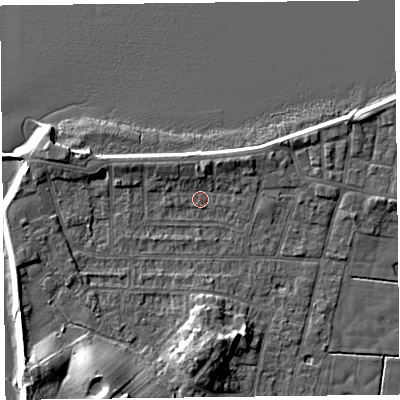 Shaded relief map of the ground around FY60BL, computed from Environment Agency LiDAR. The ground here sits at about 5 m above sea level and falls 9 m across the surrounding 800 m. Surface water reaching this point runs off ground lying to the north, 2.5 m higher.