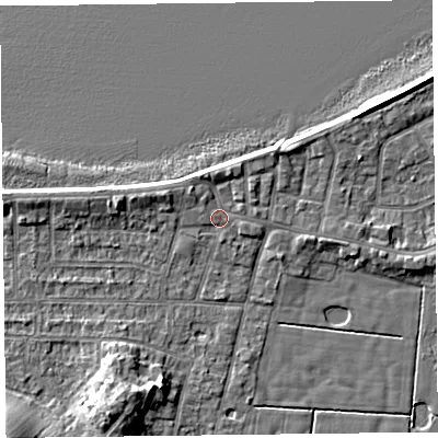 Shaded relief map of the ground around FY60BN, computed from Environment Agency LiDAR. The ground here sits at about 6 m above sea level and falls 7 m across the surrounding 800 m. Surface water reaching this point runs off ground lying to the north-north-east, 2.0 m higher.