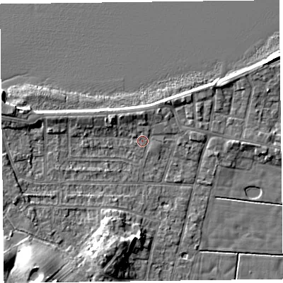 Shaded relief map of the ground around FY60BP, computed from Environment Agency LiDAR. The ground here sits at about 5 m above sea level and falls 8 m across the surrounding 800 m. Surface water reaching this point runs off ground lying to the north-east, 2.3 m higher.