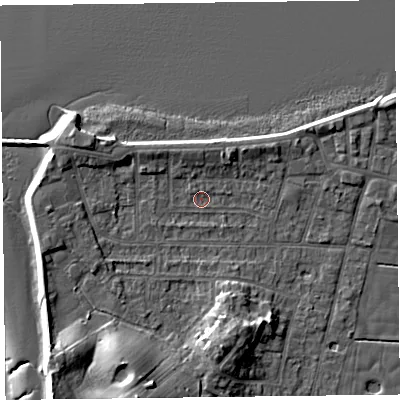 Shaded relief map of the ground around FY60BS, computed from Environment Agency LiDAR. The ground here sits at about 5 m above sea level and falls 14 m across the surrounding 800 m. Surface water reaching this point runs off ground lying to the north-north-west, 0.8 m higher.
