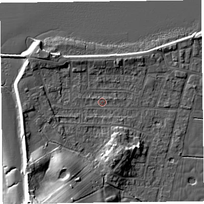 Shaded relief map of the ground around FY60BT, computed from Environment Agency LiDAR. The ground here sits at about 5 m above sea level and falls 16 m across the surrounding 800 m. Surface water reaching this point runs off ground lying to the south-west, 9.1 m higher.