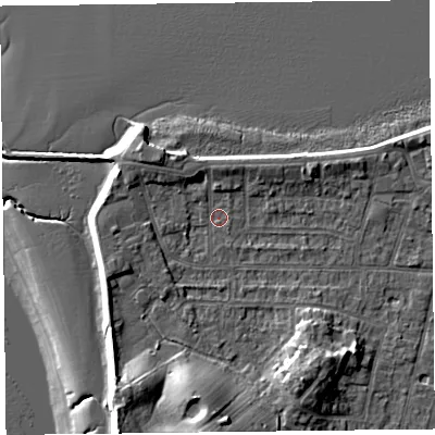Shaded relief map of the ground around FY60BU, computed from Environment Agency LiDAR. The ground here sits at about 5 m above sea level and falls 15 m across the surrounding 800 m. Surface water reaching this point runs off ground lying to the south, 7.2 m higher.