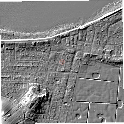 Shaded relief map of the ground around FY60BW, computed from Environment Agency LiDAR. The ground here sits at about 5 m above sea level and falls 9 m across the surrounding 800 m. Surface water reaching this point runs off ground lying to the north-east, 1.1 m higher.