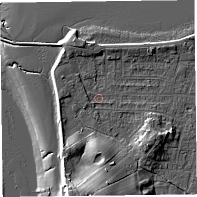 Shaded relief map of the ground around FY60BX, computed from Environment Agency LiDAR. The ground here sits at about 5 m above sea level and falls 19 m across the surrounding 800 m. Surface water reaching this point runs off ground lying to the south, 10.6 m higher.