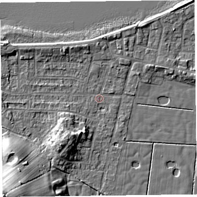 Shaded relief map of the ground around FY60BY, computed from Environment Agency LiDAR. The ground here sits at about 5 m above sea level and falls 11 m across the surrounding 800 m. Surface water reaching this point runs off ground lying to the south-west, 3.1 m higher.