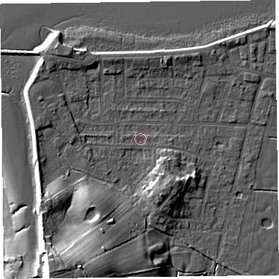 Shaded relief map of the ground around FY60DA, computed from Environment Agency LiDAR. The ground here sits at about 5 m above sea level and falls 19 m across the surrounding 800 m. Surface water reaching this point runs off ground lying to the east-south-east, 1.0 m higher.