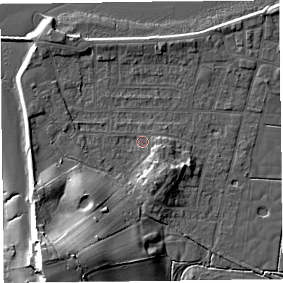 Shaded relief map of the ground around FY60DB, computed from Environment Agency LiDAR. The ground here sits at about 5 m above sea level and falls 17 m across the surrounding 800 m. Surface water reaching this point runs off ground lying to the south-west, 10.9 m higher.
