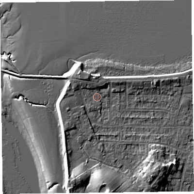 Shaded relief map of the ground around FY60DD, computed from Environment Agency LiDAR. The ground here sits at about 5 m above sea level and falls 15 m across the surrounding 800 m. Surface water reaching this point runs off ground lying to the north-west, 2.2 m higher.