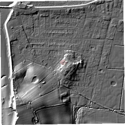 Shaded relief map of the ground around FY60DE, computed from Environment Agency LiDAR. The ground here sits at about 7 m above sea level and falls 16 m across the surrounding 800 m. Surface water reaching this point runs off ground lying to the south-south-east, 4.7 m higher.