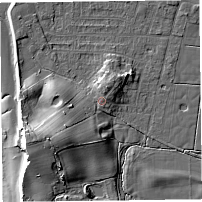 Shaded relief map of the ground around FY60DF, computed from Environment Agency LiDAR. The ground here sits at about 8 m above sea level and falls 16 m across the surrounding 800 m. Surface water reaching this point runs off ground lying to the south-west, 5.7 m higher.