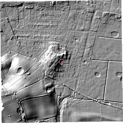 Shaded relief map of the ground around FY60DG, computed from Environment Agency LiDAR. The ground here sits at about 6 m above sea level and falls 12 m across the surrounding 800 m. Surface water reaching this point runs off ground lying to the west-north-west, 4.6 m higher.