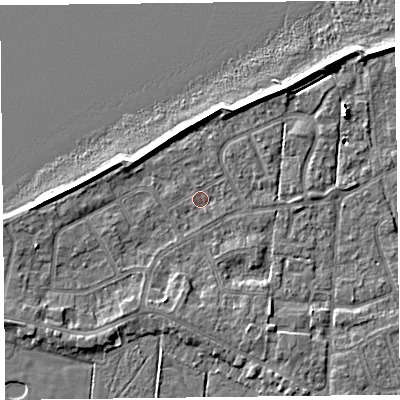 Shaded relief map of the ground around FY60DH, computed from Environment Agency LiDAR. The ground here sits at about 5 m above sea level and falls 6 m across the surrounding 800 m. Surface water reaching this point runs off ground lying to the west-north-west, 3.2 m higher.