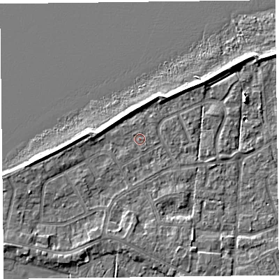 Shaded relief map of the ground around FY60DJ, computed from Environment Agency LiDAR. The ground here sits at about 6 m above sea level and falls 6 m across the surrounding 800 m. Surface water reaching this point runs off ground lying to the west, 3.2 m higher.