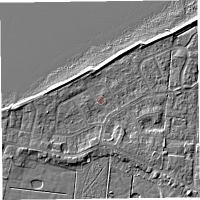 Shaded relief map of the ground around FY60DL, computed from Environment Agency LiDAR. The ground here sits at about 6 m above sea level and falls 6 m across the surrounding 800 m. Surface water reaching this point runs off ground lying to the west-north-west, 3.2 m higher.