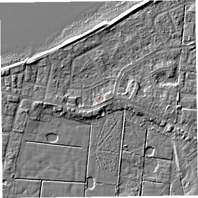 Shaded relief map of the ground around FY60DN, computed from Environment Agency LiDAR. The ground here sits at about 6 m above sea level and falls 4 m across the surrounding 800 m. Surface water reaching this point runs off ground lying to the east-south-east, 1.5 m higher.
