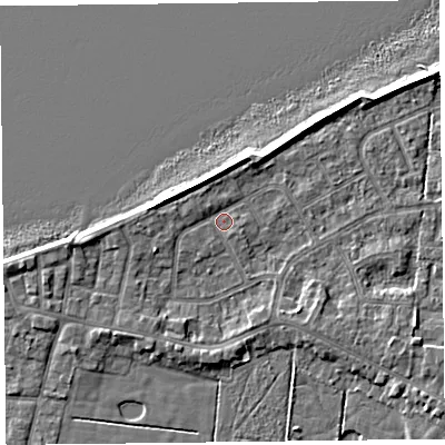 Shaded relief map of the ground around FY60DP, computed from Environment Agency LiDAR. The ground here sits at about 5 m above sea level and falls 5 m across the surrounding 800 m. Surface water reaching this point runs off ground lying to the west-north-west, 3.1 m higher.