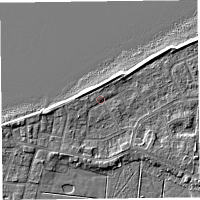 Shaded relief map of the ground around FY60DR, computed from Environment Agency LiDAR. The ground here sits at about 6 m above sea level and falls 5 m across the surrounding 800 m. Surface water reaching this point runs off ground lying to the west-north-west, 3.2 m higher.