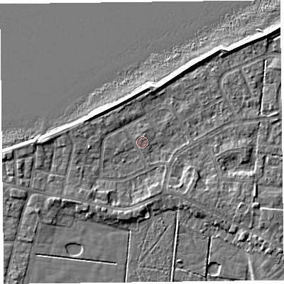 Shaded relief map of the ground around FY60DS, computed from Environment Agency LiDAR. The ground here sits at about 6 m above sea level and falls 5 m across the surrounding 800 m. Surface water reaching this point runs off ground lying to the west, 2.6 m higher.