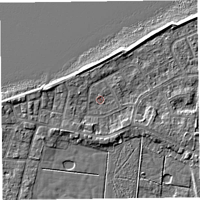 Shaded relief map of the ground around FY60DT, computed from Environment Agency LiDAR. The ground here sits at about 5 m above sea level and falls 5 m across the surrounding 800 m. Surface water reaching this point runs off ground lying to the west, 2.6 m higher.