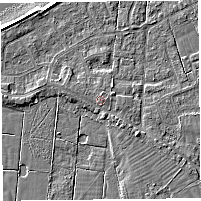 Shaded relief map of the ground around FY60DU, computed from Environment Agency LiDAR. The ground here sits at about 7 m above sea level and falls 7 m across the surrounding 800 m. Surface water reaching this point runs off ground lying to the west-north-west, 0.6 m higher.
