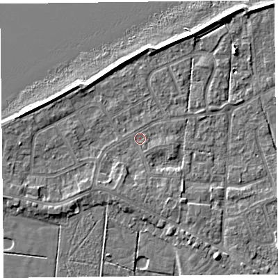 Shaded relief map of the ground around FY60DW, computed from Environment Agency LiDAR. The ground here sits at about 5 m above sea level and falls 7 m across the surrounding 800 m. Surface water reaching this point runs off ground lying to the south-south-east, 2.1 m higher.
