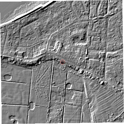 Shaded relief map of the ground around FY60DX, computed from Environment Agency LiDAR. The ground here sits at about 6 m above sea level and falls 7 m across the surrounding 800 m. Surface water reaching this point runs off ground lying to the north-north-west, 1.7 m higher.