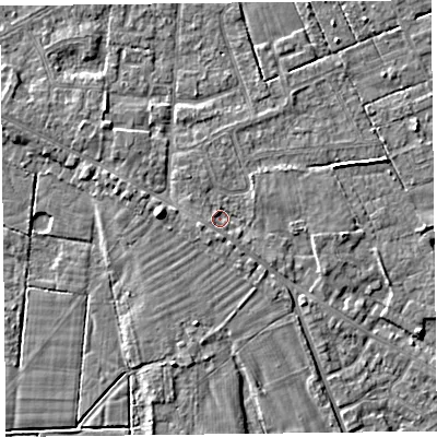 Shaded relief map of the ground around FY60DY, computed from Environment Agency LiDAR. The ground here sits at about 6 m above sea level and falls 6 m across the surrounding 800 m. Surface water reaching this point runs off ground lying to the east-south-east, 1.4 m higher.