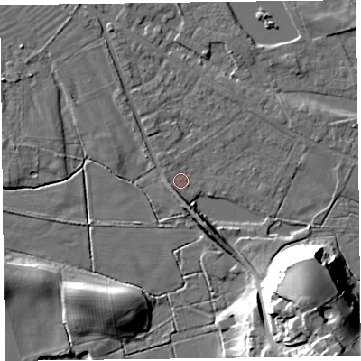 Shaded relief map of the ground around FY60DZ, computed from Environment Agency LiDAR. The ground here sits at about 6 m above sea level and falls 27 m across the surrounding 800 m. Surface water reaching this point runs off ground lying to the south-south-east, 6.3 m higher.