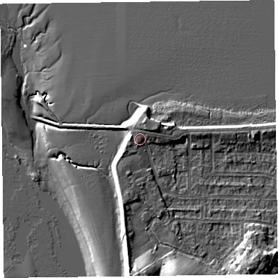Shaded relief map of the ground around FY60EA, computed from Environment Agency LiDAR. The ground here sits at about 7 m above sea level and falls 14 m across the surrounding 800 m. Surface water reaching this point runs off ground lying to the north-east, 1.2 m higher.