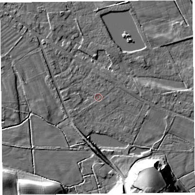 Shaded relief map of the ground around FY60EB, computed from Environment Agency LiDAR. The ground here sits at about 6 m above sea level and falls 25 m across the surrounding 800 m. Surface water reaching this point runs off ground lying to the south, 6.3 m higher.