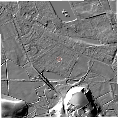 Shaded relief map of the ground around FY60ED, computed from Environment Agency LiDAR. The ground here sits at about 5 m above sea level and falls 25 m across the surrounding 800 m. Surface water reaching this point runs off ground lying to the south-south-west, 6.3 m higher.