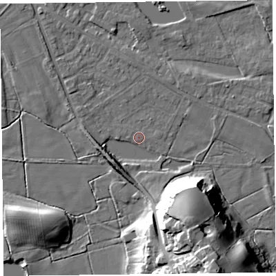Shaded relief map of the ground around FY60EE, computed from Environment Agency LiDAR. The ground here sits at about 5 m above sea level and falls 28 m across the surrounding 800 m. Surface water reaching this point runs off ground lying to the south-west, 6.3 m higher.