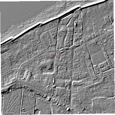 Shaded relief map of the ground around FY60EF, computed from Environment Agency LiDAR. The ground here sits at about 5 m above sea level and falls 7 m across the surrounding 800 m. Surface water reaching this point runs off ground lying to the north-north-west, 3.6 m higher.