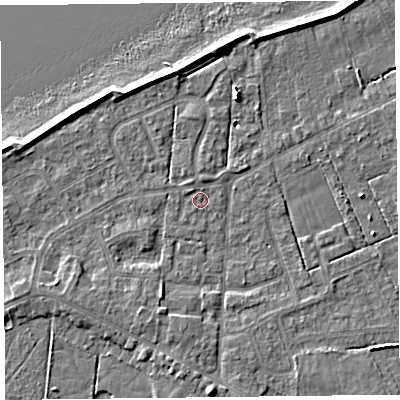 Shaded relief map of the ground around FY60EG, computed from Environment Agency LiDAR. The ground here sits at about 5 m above sea level and falls 7 m across the surrounding 800 m. Surface water reaching this point runs off ground lying to the south, 5.3 m higher.