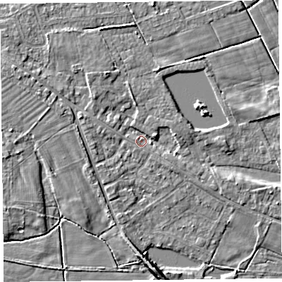 Shaded relief map of the ground around FY60EJ, computed from Environment Agency LiDAR. The ground here sits at about 6 m above sea level and falls 7 m across the surrounding 800 m. Surface water reaching this point runs off ground lying to the north-west, 1.8 m higher.